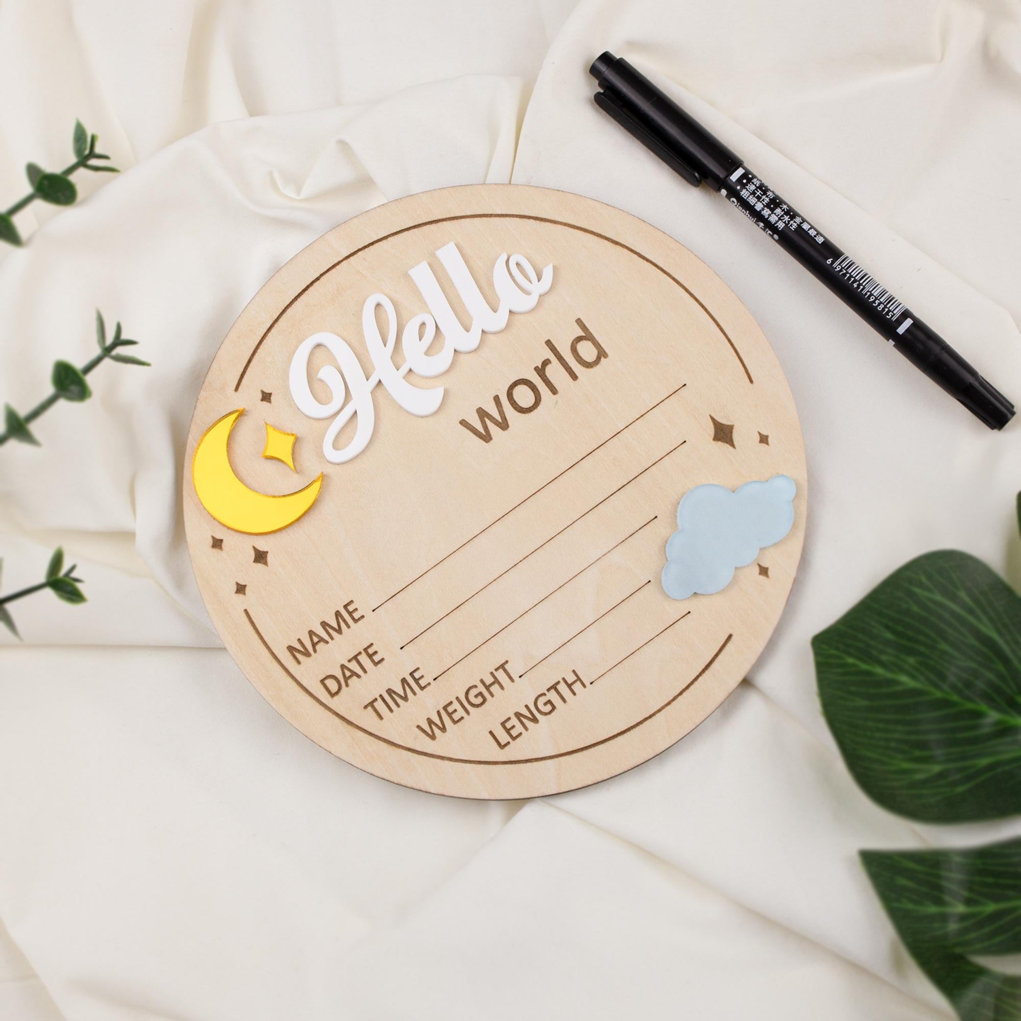 Hello World Birth Announcement Sign, Wooden Baby Name Reveal Sign, Sign For Baby Shower, Acrylic Moon and Cloud Newborn Photo Prop,Baby Sign