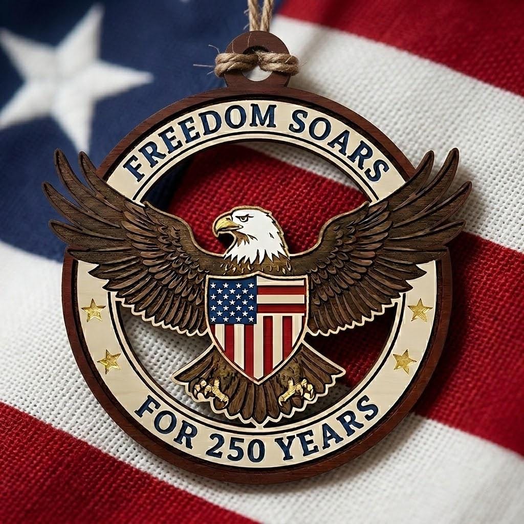 USA 250th Anniversary Ornament, Freedom Soars Wood Emblem, 1776-2026 Patriotic Eagle Gift, Semiquincentennial Wooden Decor