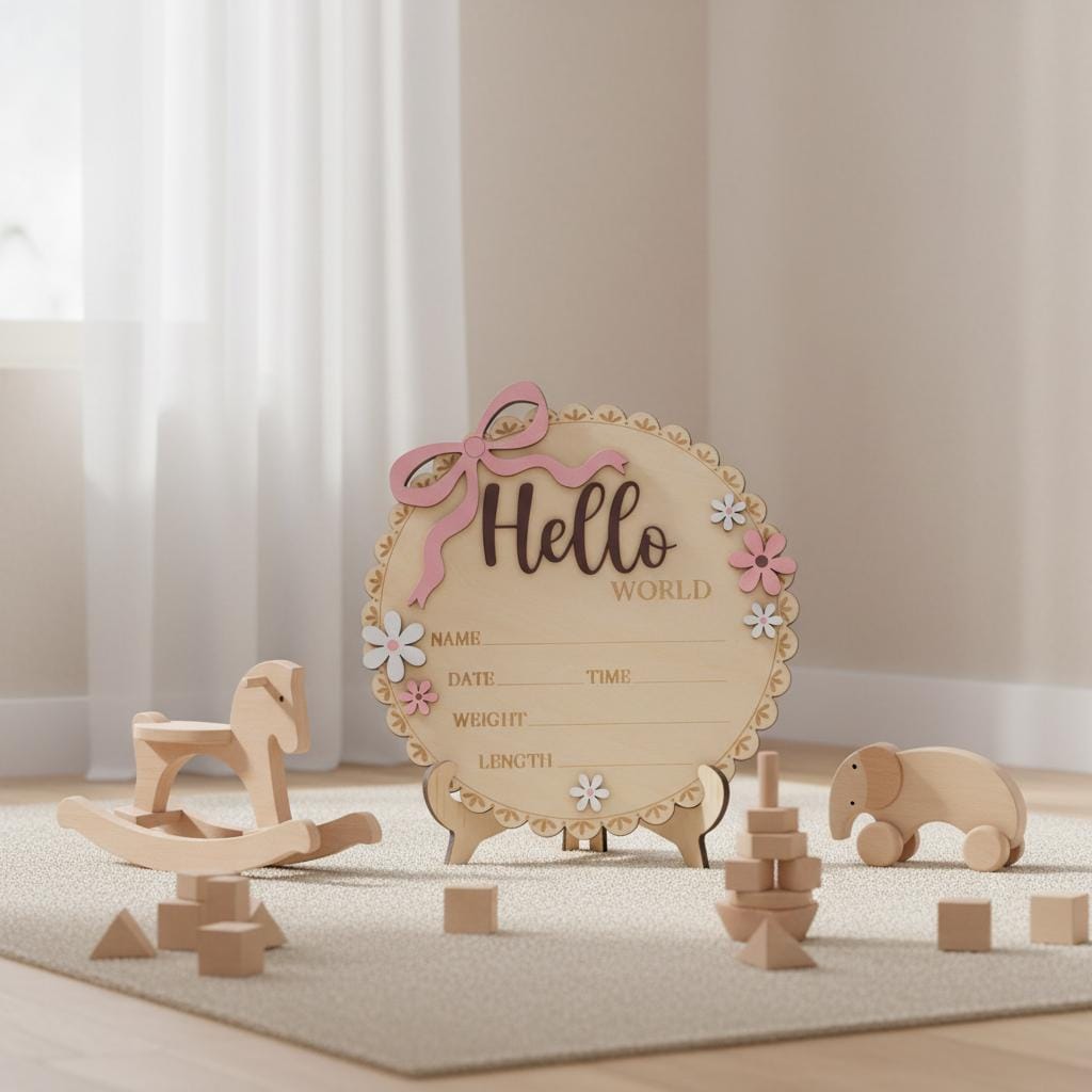 Wooden Baby Announcement Sign Hello World Floral Birth Details