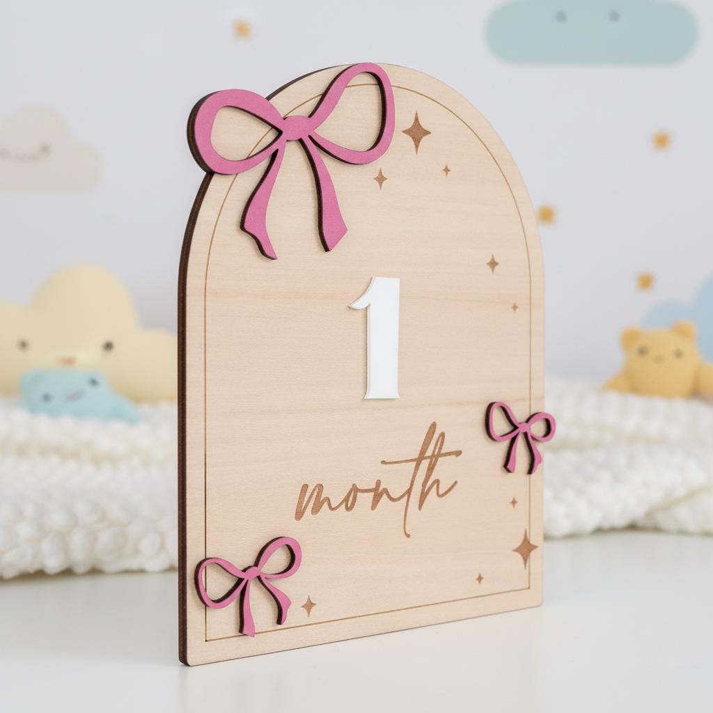 Wooden Baby Milestone Sign with Numbers 1–12 Months Pink Bow
