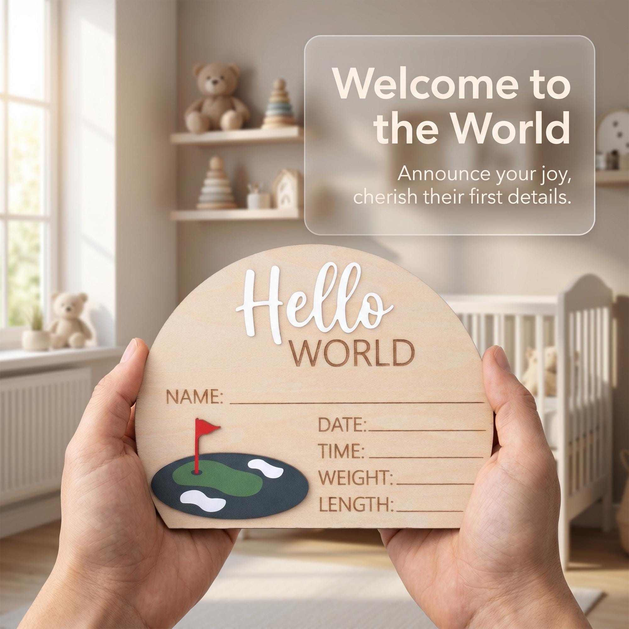 Golf Birth Stats Sign | 3D Half Arch Wooden Plaque | 3D Wooden Hello World Announcement | Par Tee Boy Nursery Prop | Baby Shower Gift