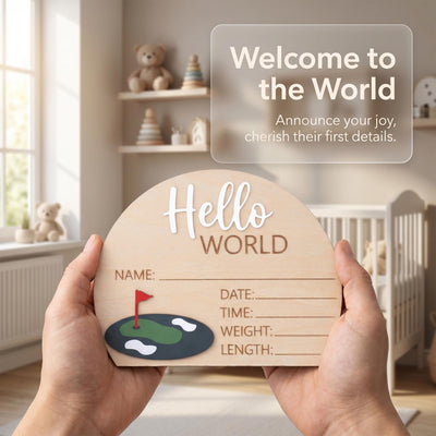 Golf Birth Stats Sign | 3D Half Arch Wooden Plaque | 3D Wooden Hello World Announcement | Par Tee Boy Nursery Prop | Baby Shower Gift