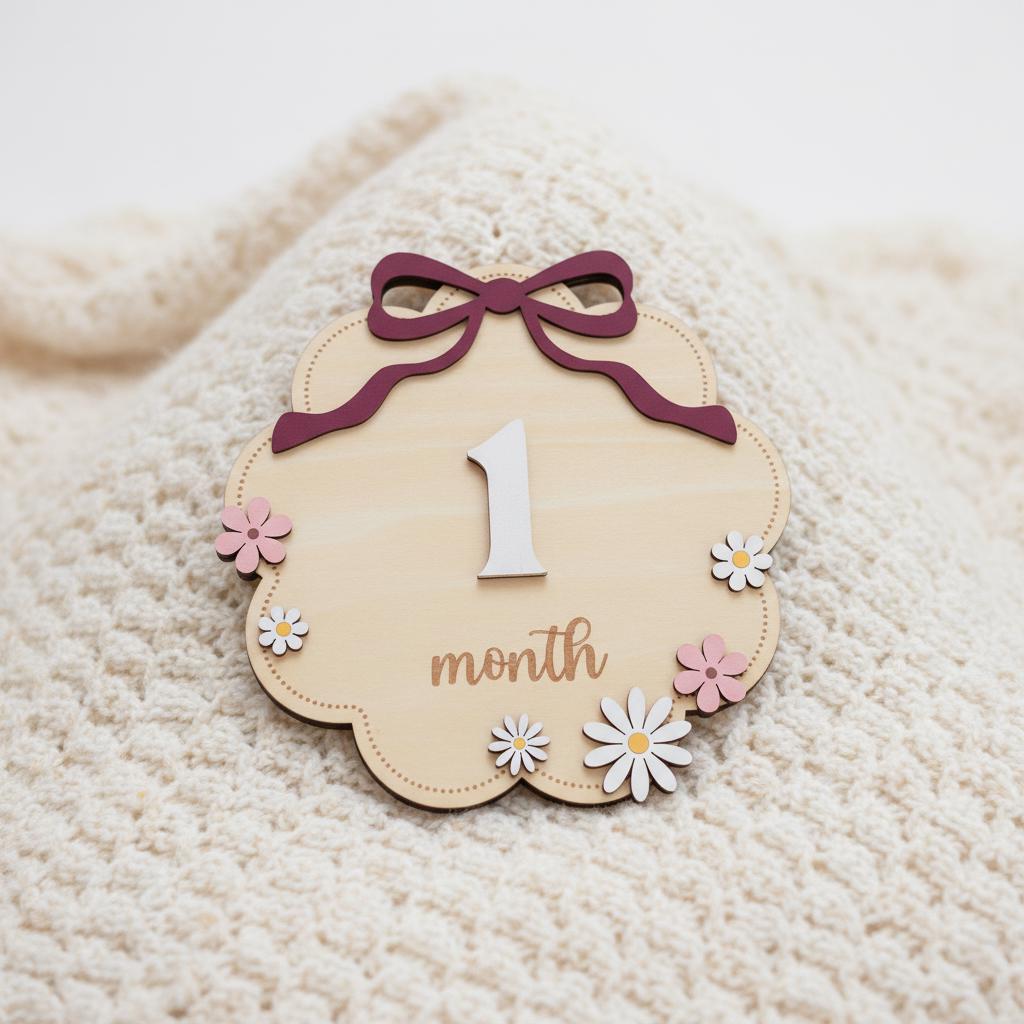 Wooden Baby Milestone Numbers Sign 1–12 Months Floral Design