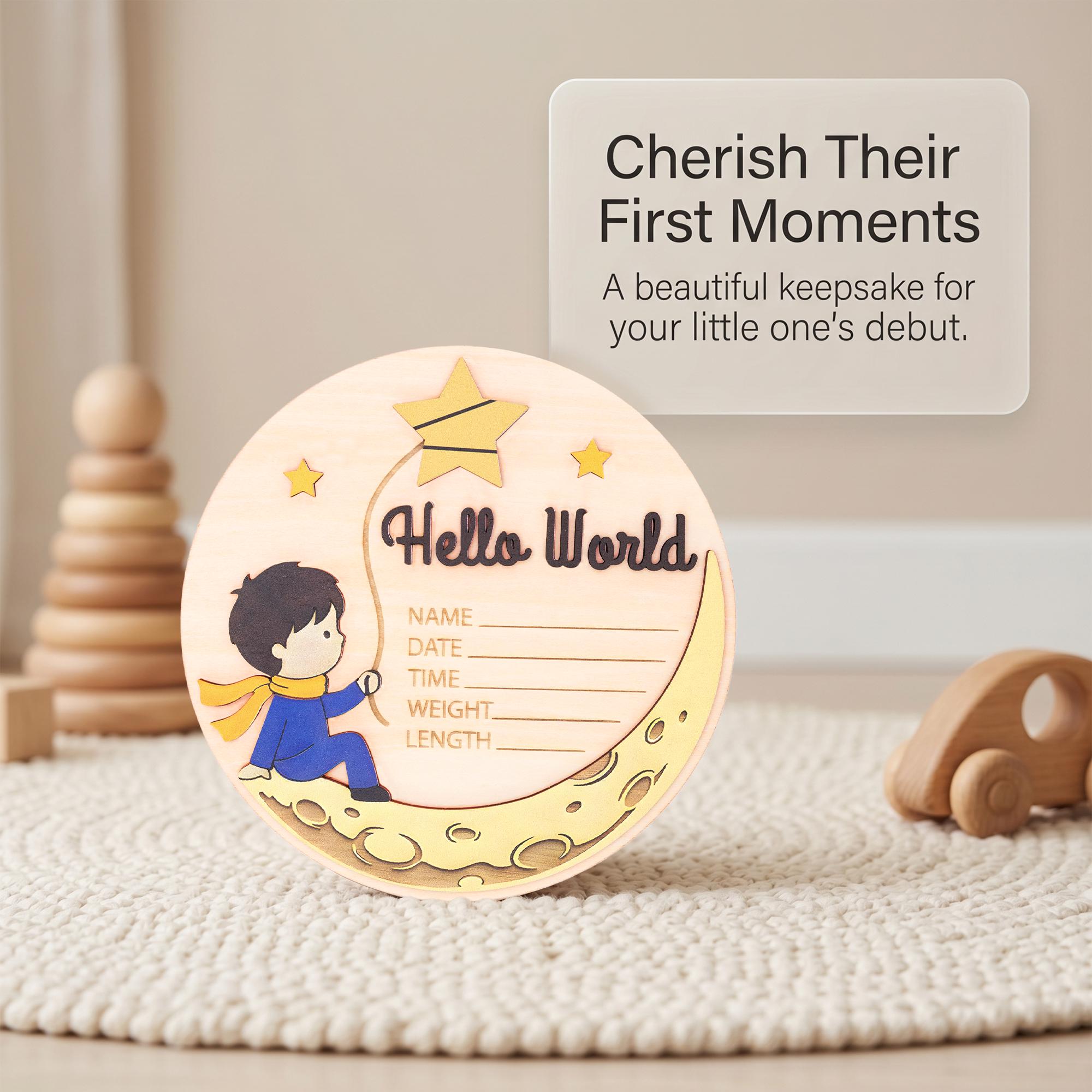 Little Prince Birth Stats Sign | 3D Moon and Stars Wooden Plaque | Hello World Newborn Announcement | Storybook Photo Prop | Baby Boy Gift