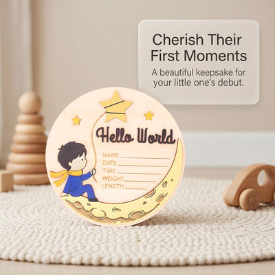 Little Prince Birth Stats Sign | 3D Moon and Stars Wooden Plaque | Hello World Newborn Announcement | Storybook Photo Prop | Baby Boy Gift