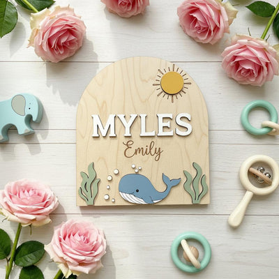 Personalized Baby Name Sign, Whale Nursery Decor, Custom Baby Name Plaque Wood, Ocean Theme Nursery Wall Sign