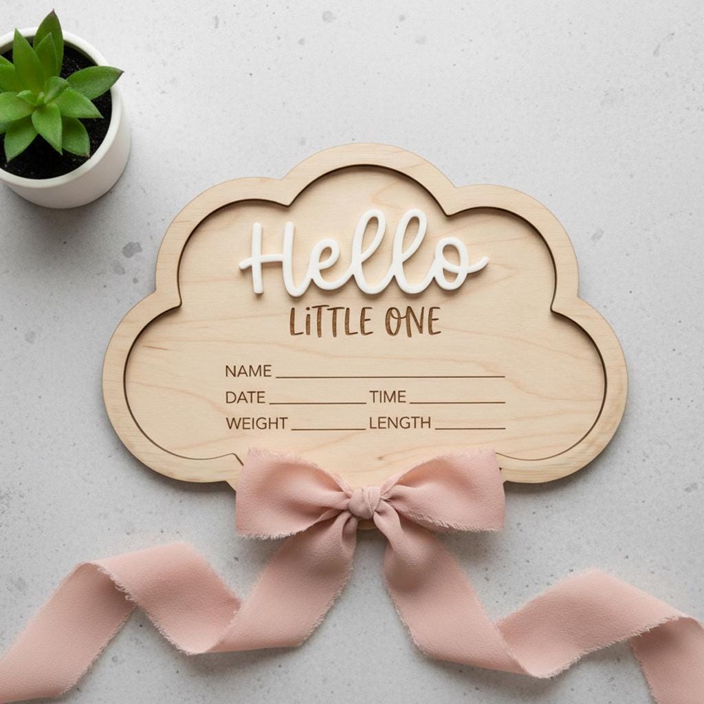 Personalized Baby Stats Plaque for Girl, Newborn Birth Announcement Sign, Boho Hospital Photo Prop, Hello Little One Nursery Decor