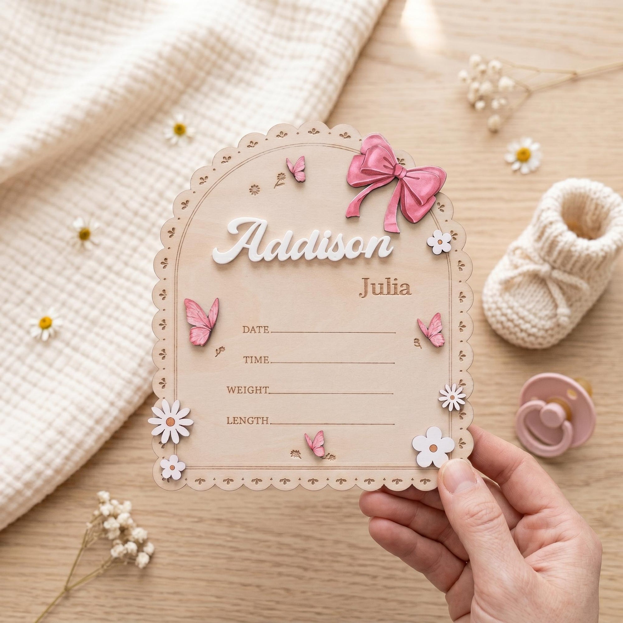 Personalized Baby Name Sign for Nursery Pink Bow Birth Announcement Sign for Hospital Custom Wood Name Plate Girl Newborn Gift