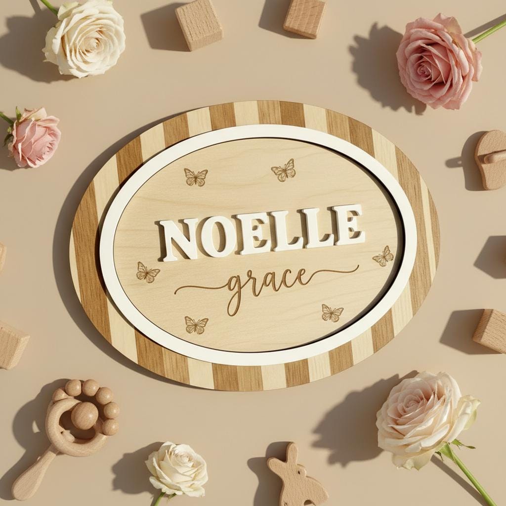 Personalized Wooden Baby Name Sign with Butterflies