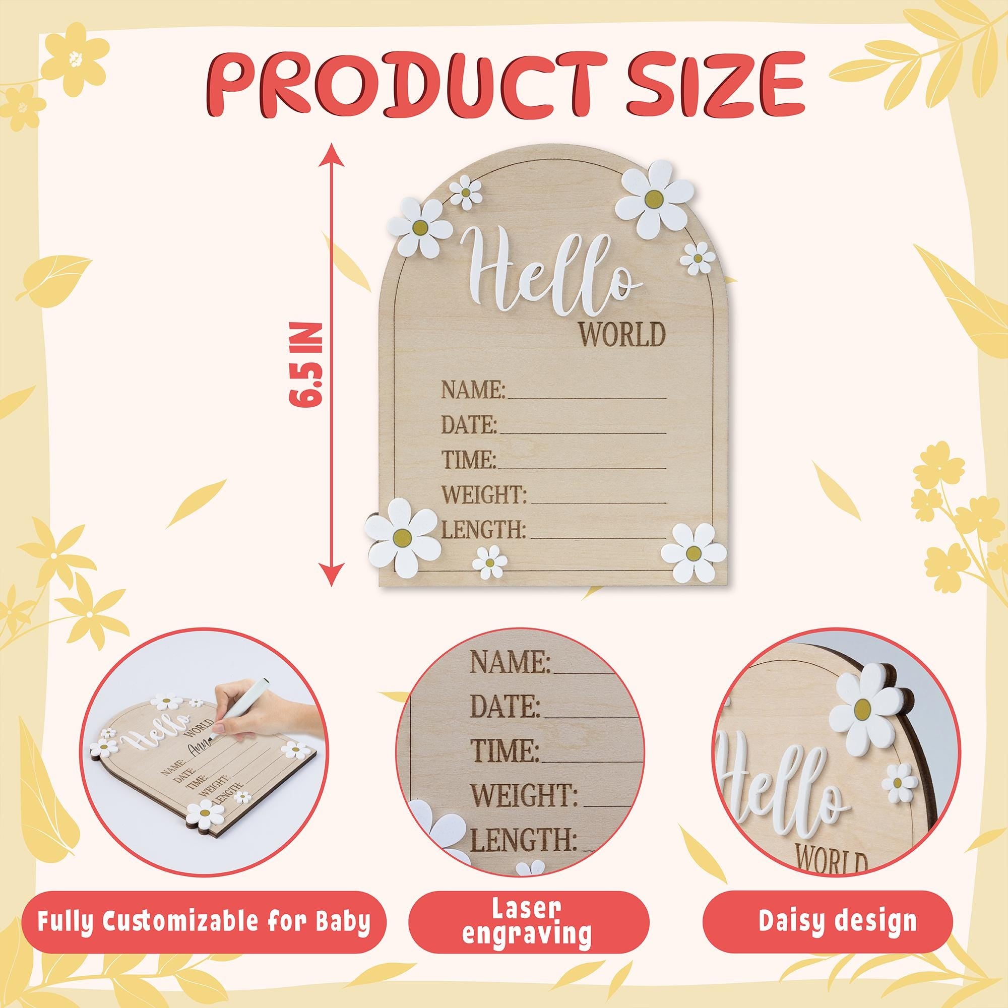 Daisy Flower Hello World Sign, Baby Birth Announcement, Arched Wooden Birth Announcement, Personalized Name Sign, Baby Birth Name