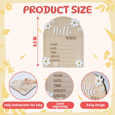 Daisy Flower Hello World Sign, Baby Birth Announcement, Arched Wooden Birth Announcement, Personalized Name Sign, Baby Birth Name
