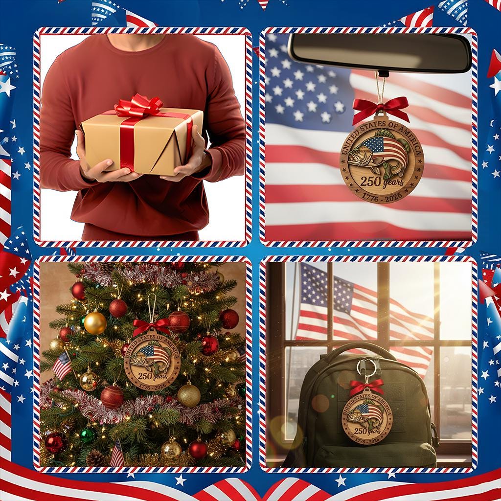 250th Anniversary Bass Fishing Ornament, US Semiquincentennial Gift for Fisherman, 1776-2026 Patriotic Fish Wood Keepsake Decor