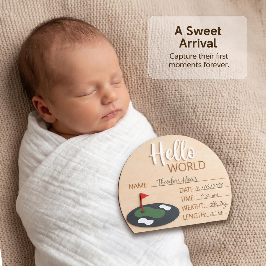 Golf Birth Stats Sign | 3D Half Arch Wooden Plaque | 3D Wooden Hello World Announcement | Par Tee Boy Nursery Prop | Baby Shower Gift