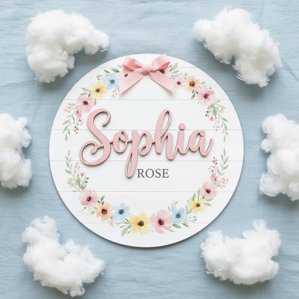 Personalized Baby Name Wood Sign, Floral Nursery Wall Decor