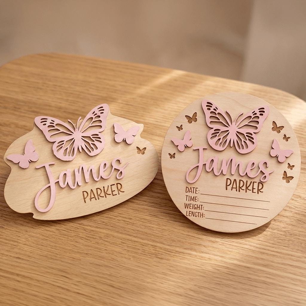 Baby Announcement Sign Set Personalized Wooden Baby Name Sign Butterfly Nursery Decor Birth Stats Sign Newborn Gift Set