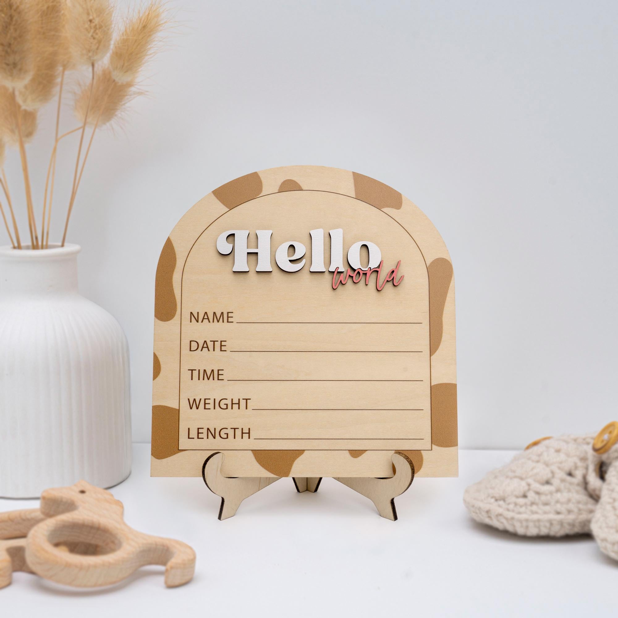 Wooden Hello World Birth Announcement Sign, Layered Baby Name Sign, Rustic Newborn Photo Prop,Birth Announcement Sign For Hospital,Baby Gift
