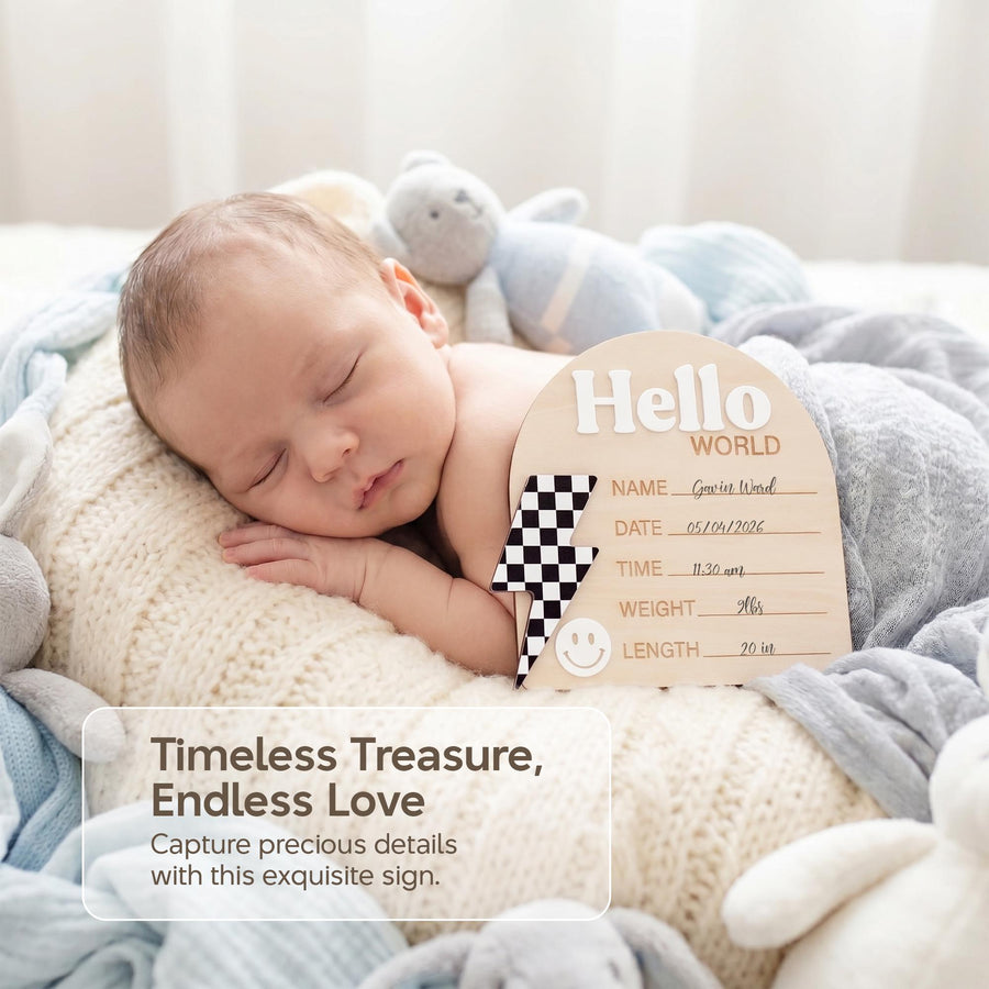 Checkered Lightning Bolt Birth Stats Sign | Retro Groovy Baby Name Plaque | Hello World Arch Photo Prop | Smiley Face Nursery Decor | Gift