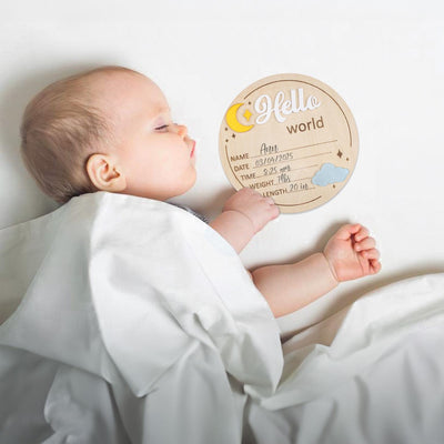 Hello World Birth Announcement Sign, Wooden Baby Name Reveal Sign, Sign For Baby Shower, Acrylic Moon and Cloud Newborn Photo Prop,Baby Sign