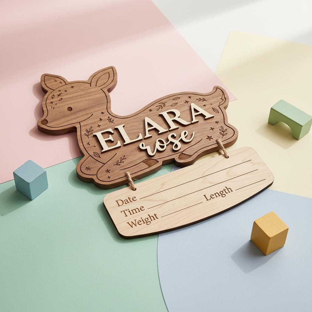 Woodland Deer Birth Stats Sign | Hanging Nameplate Wooden Newborn Plaque | Custom Baby Fawn Announcement | Forest Nursery Decor