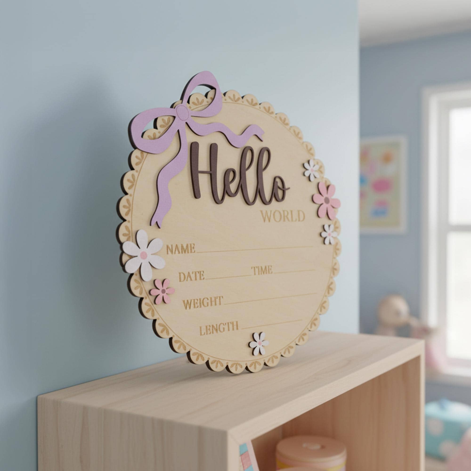 Baby Girl Hello World Birth Keepsake Sign Wooden Floral Nursery Decor