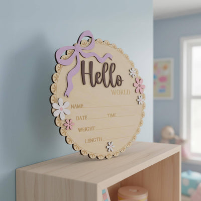 Baby Girl Hello World Birth Keepsake Sign Wooden Floral Nursery Decor