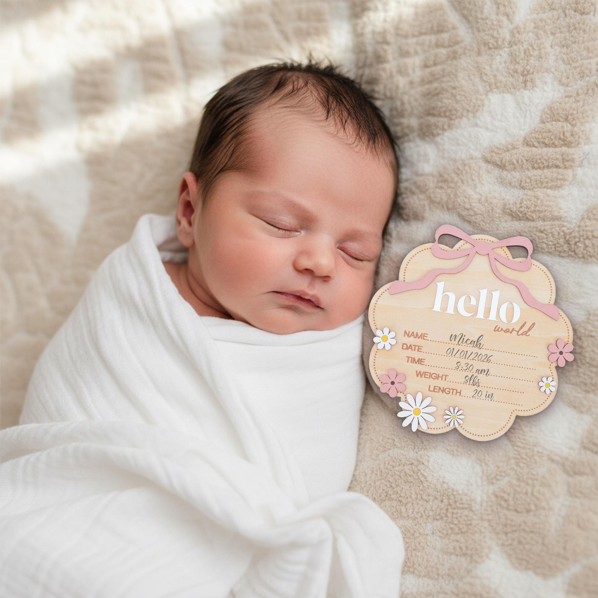 Floral Hello World Baby Birth Sign Wooden Newborn Photo Keepsake