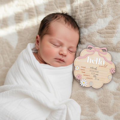Floral Hello World Baby Birth Sign Wooden Newborn Photo Keepsake