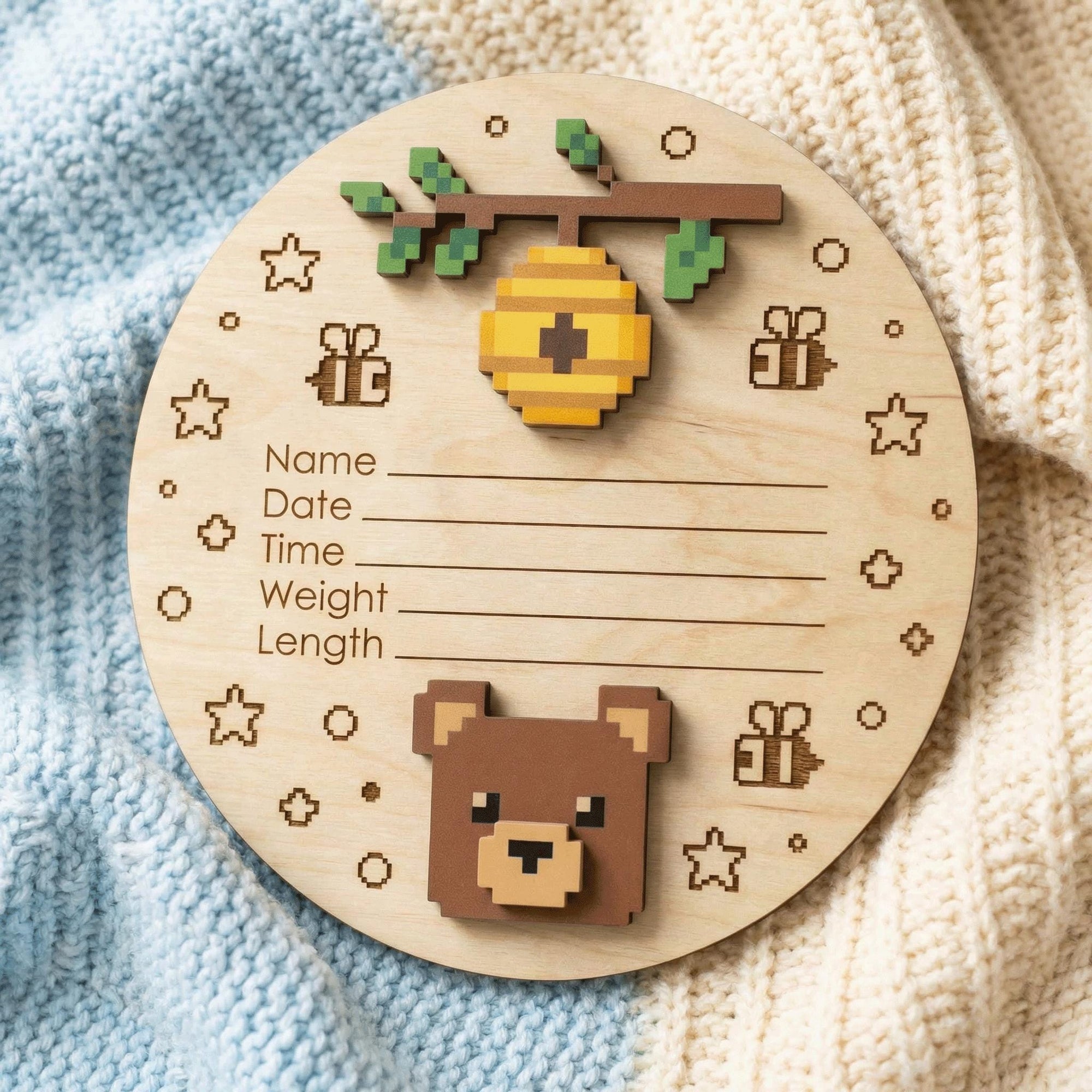 Pixel Art Bear Birth Stats Sign for Hospital | Honey Bee Wooden Newborn Plaque | Custom Unisex Baby Announcement | Nursery Prop