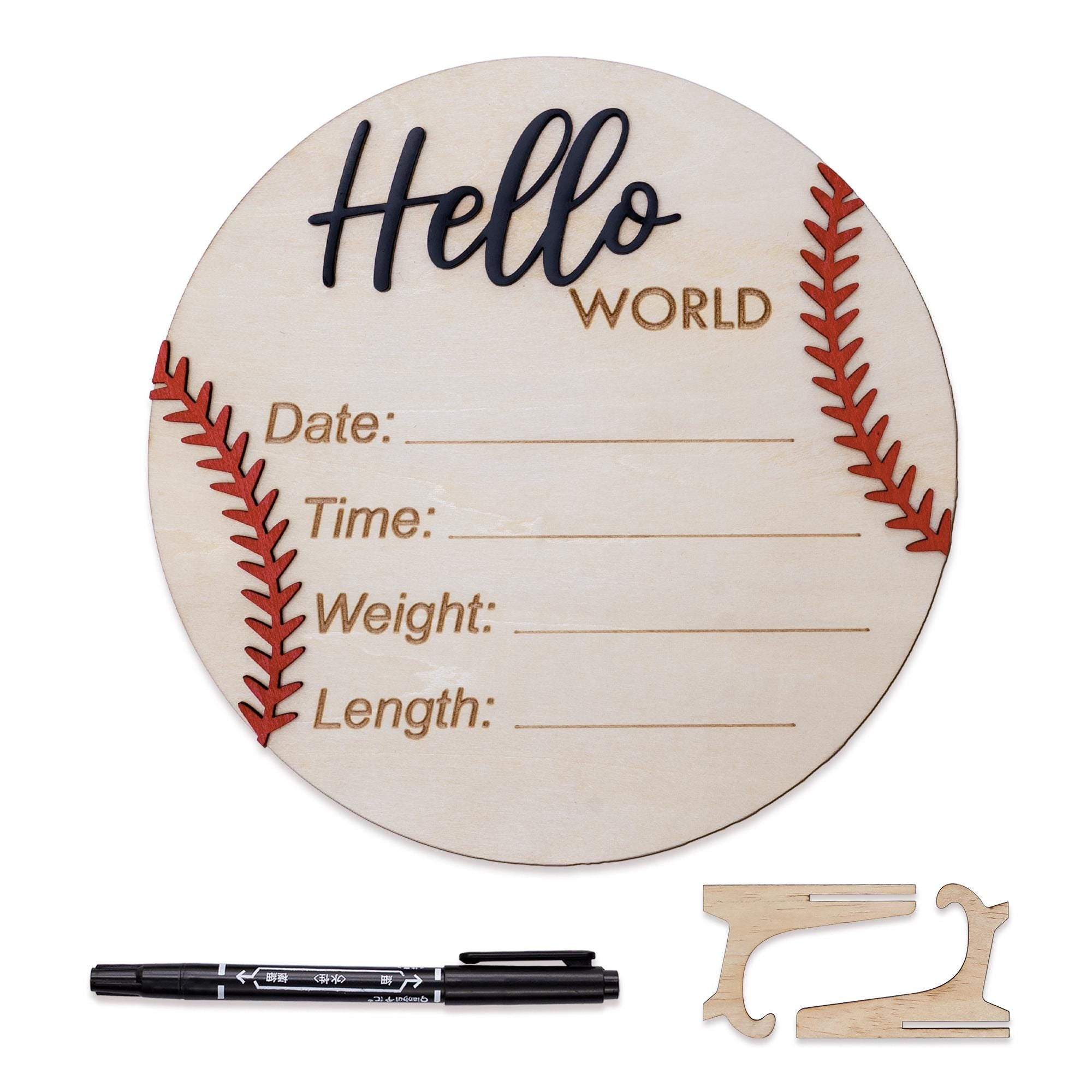 Personalized Baseball Birth Announcement Sign, Custom Hospital Baby Birth Stat Sign, Wooden Hello World Hospital Sign, Newborn Photo Prop