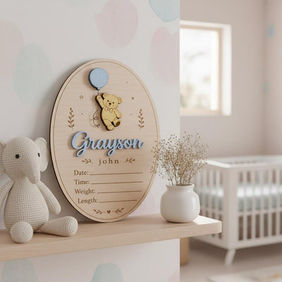 Teddy Bear Birth Stats Sign | 3D Balloon Oval Wooden Plaque | Custom Baby Boy Girl Announcement | Whimsical Nursery Photo Prop