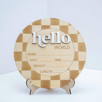 Checkered Hello World Sign, Wooden Baby Announcement, Layered Birth Stat Sign, Birth Stat Plaque, Retro Nursery Decor, Name Announcement