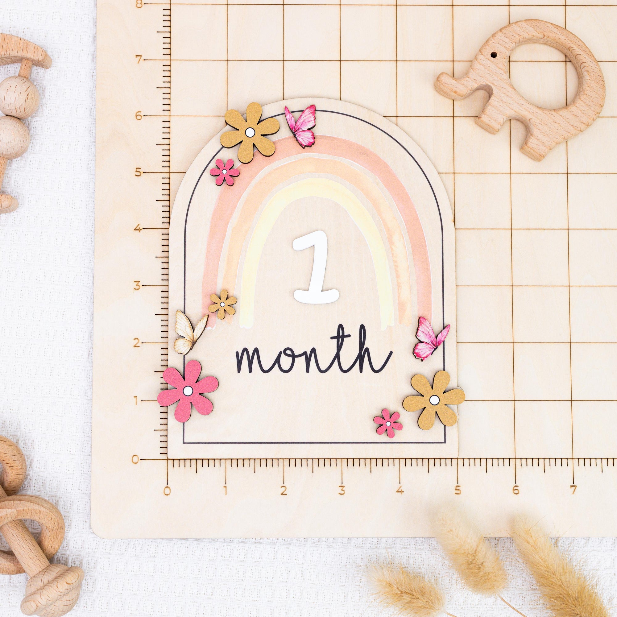 Double Sided Milestone Set | Reversible Boho Rainbow Wood Disc | 3D Butterfly Monthly Card | Custom Baby Girl Nursery Prop