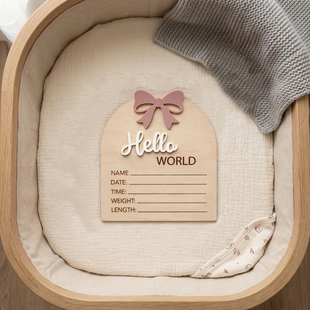 Coquette Pink Bow Birth Sign | 3D Arch Wooden Plaque | Acrylic Hello World Announcement | Whimsical Girl Nursery Prop | Baby Shower Gift
