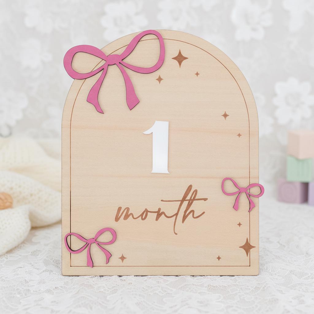 Wooden Baby Milestone Sign with Numbers 1–12 Months Pink Bow