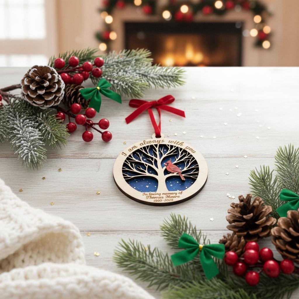 Personalized Memorial Christmas Ornament, Custom Wooden Ornament with Name and Years, Cardinal Remembrance Gift, Sympathy Keepsake, Ornament