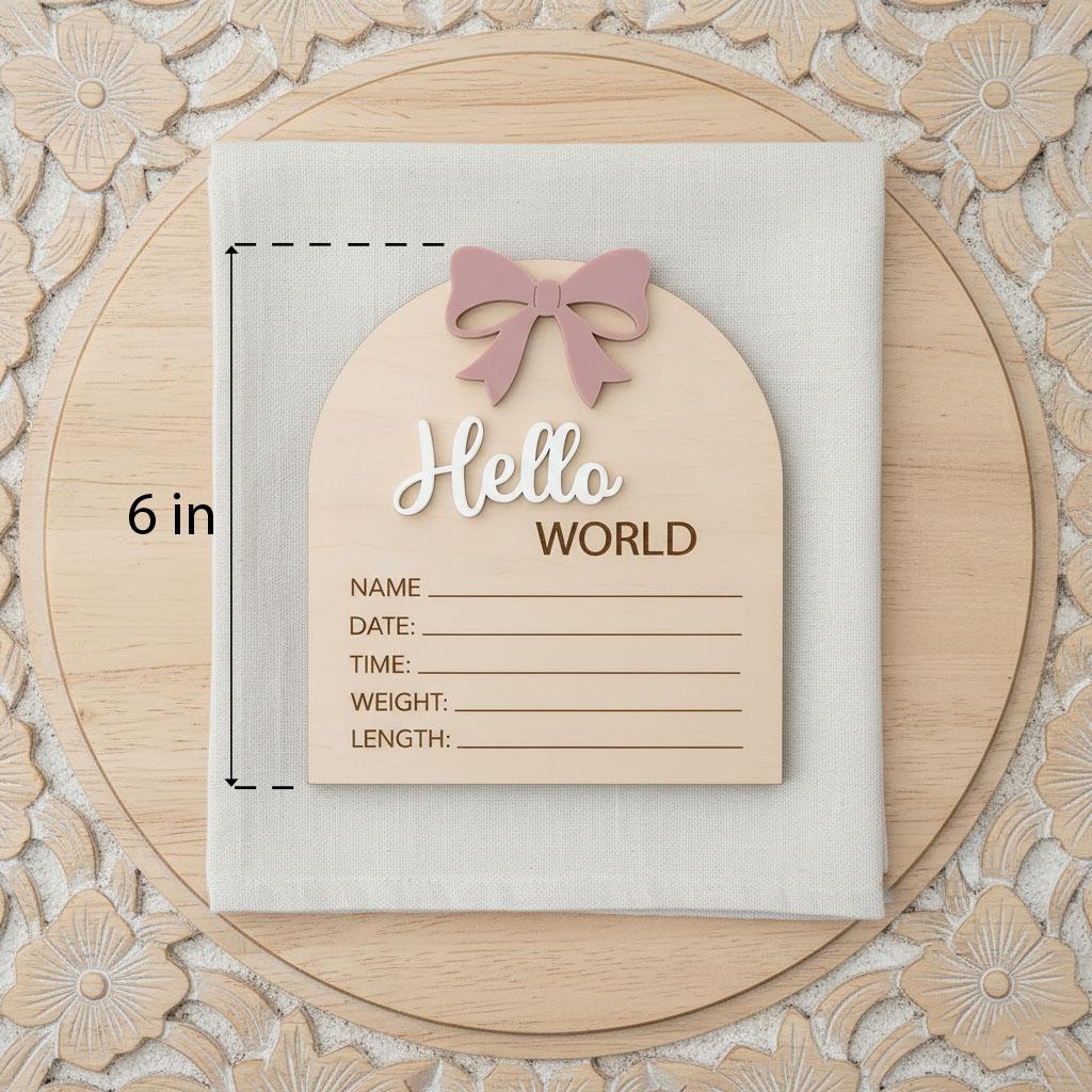 Coquette Pink Bow Birth Sign | 3D Arch Wooden Plaque | Acrylic Hello World Announcement | Whimsical Girl Nursery Prop | Baby Shower Gift