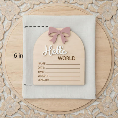 Coquette Pink Bow Birth Sign | 3D Arch Wooden Plaque | Acrylic Hello World Announcement | Whimsical Girl Nursery Prop | Baby Shower Gift