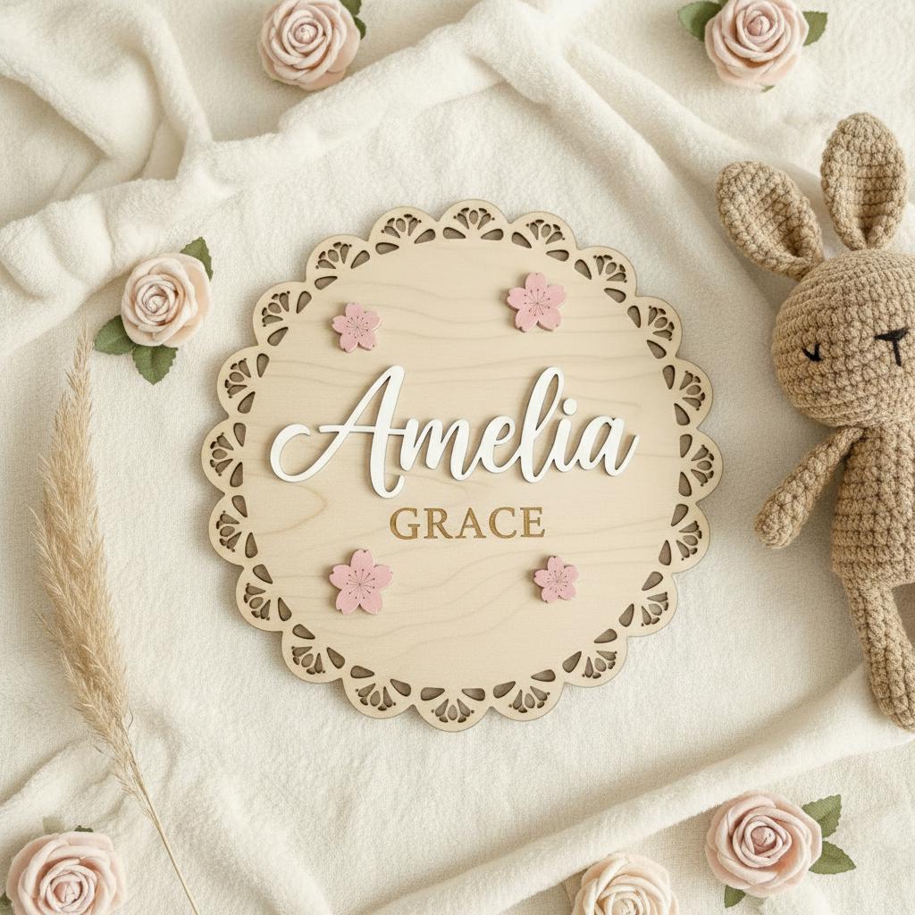 Personalized Baby Name Wood Sign, Floral Nursery Wall Decor