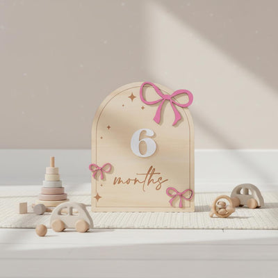 Wooden Baby Milestone Sign with Numbers 1–12 Months Pink Bow