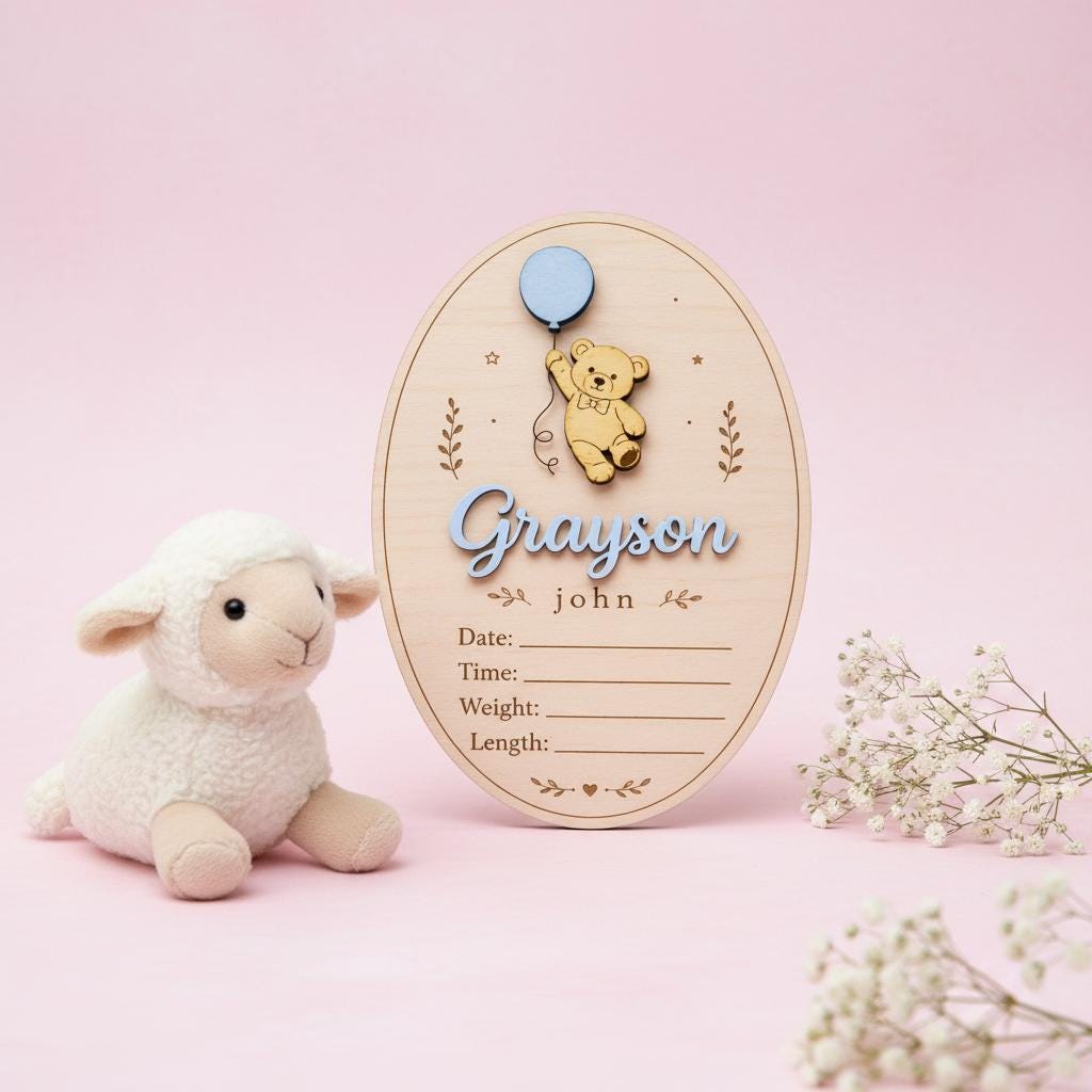 Teddy Bear Birth Stats Sign | 3D Balloon Oval Wooden Plaque | Custom Baby Boy Girl Announcement | Whimsical Nursery Photo Prop