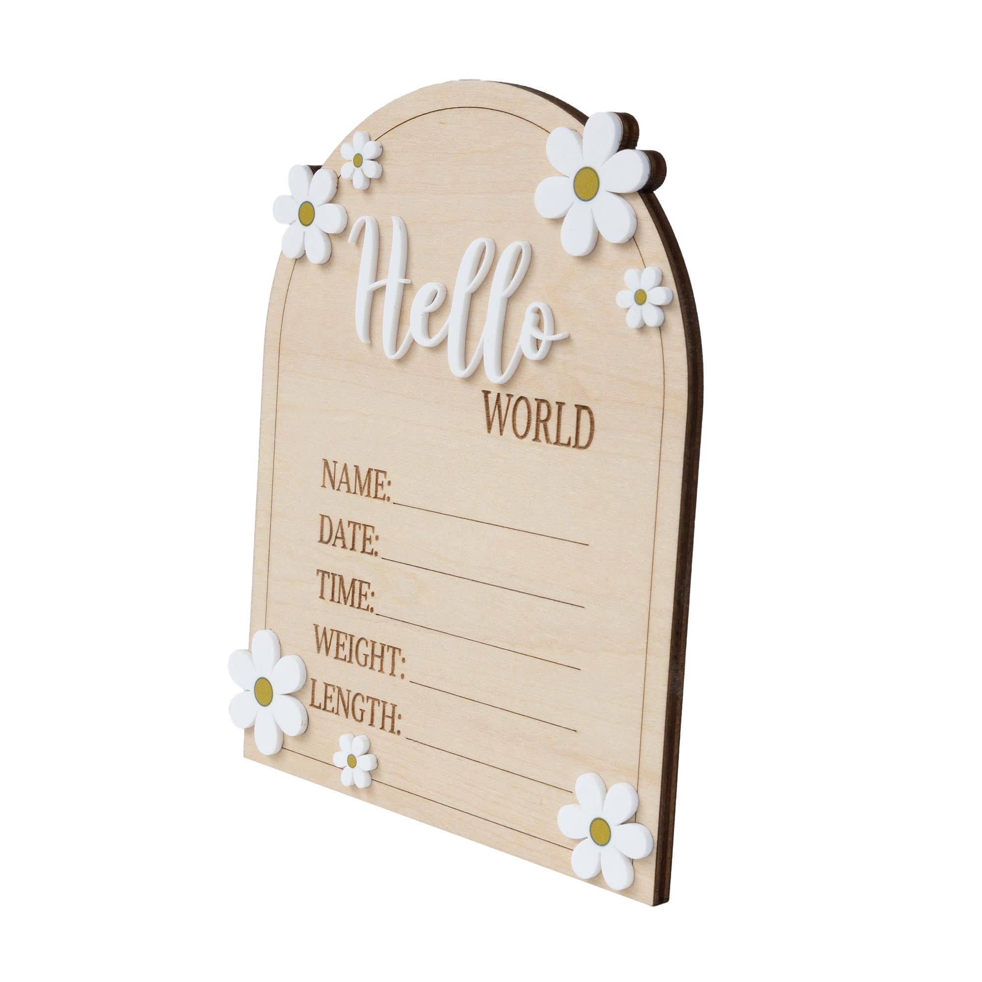 Daisy Flower Hello World Sign, Baby Birth Announcement, Arched Wooden Birth Announcement, Personalized Name Sign, Baby Birth Name