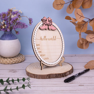Western Baby Nursery Sign, Hello World Sign, Baby Announcement Sign with Pink Cowgirl Boots, Rustic Baby Photo Prop, Baby Shower Gift