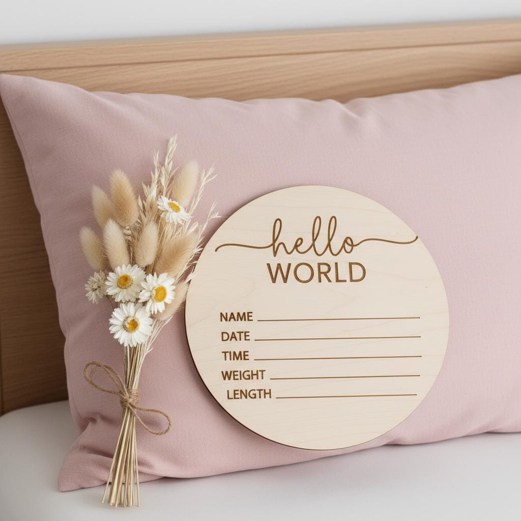Hello World Baby Birth Announcement Sign, Personalized Wooden Newborn Keepsake