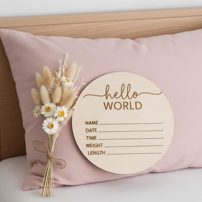Hello World Baby Birth Announcement Sign, Personalized Wooden Newborn Keepsake