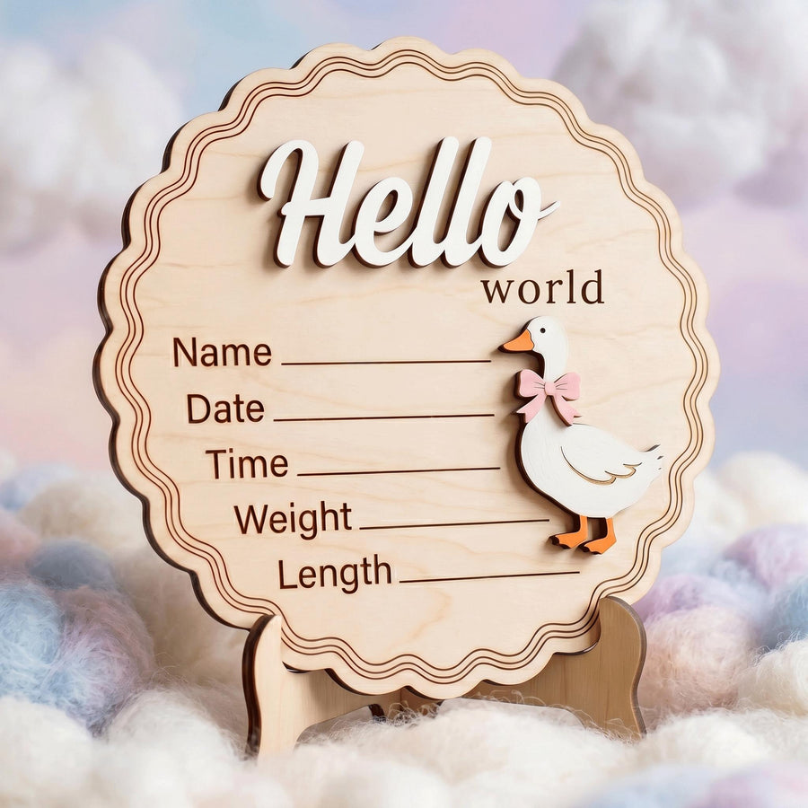 3D Goose Birth Stats Sign | Scalloped White Duck Wooden Plaque | Custom Baby Girl Announcement | Cottagecore Nursery Prop