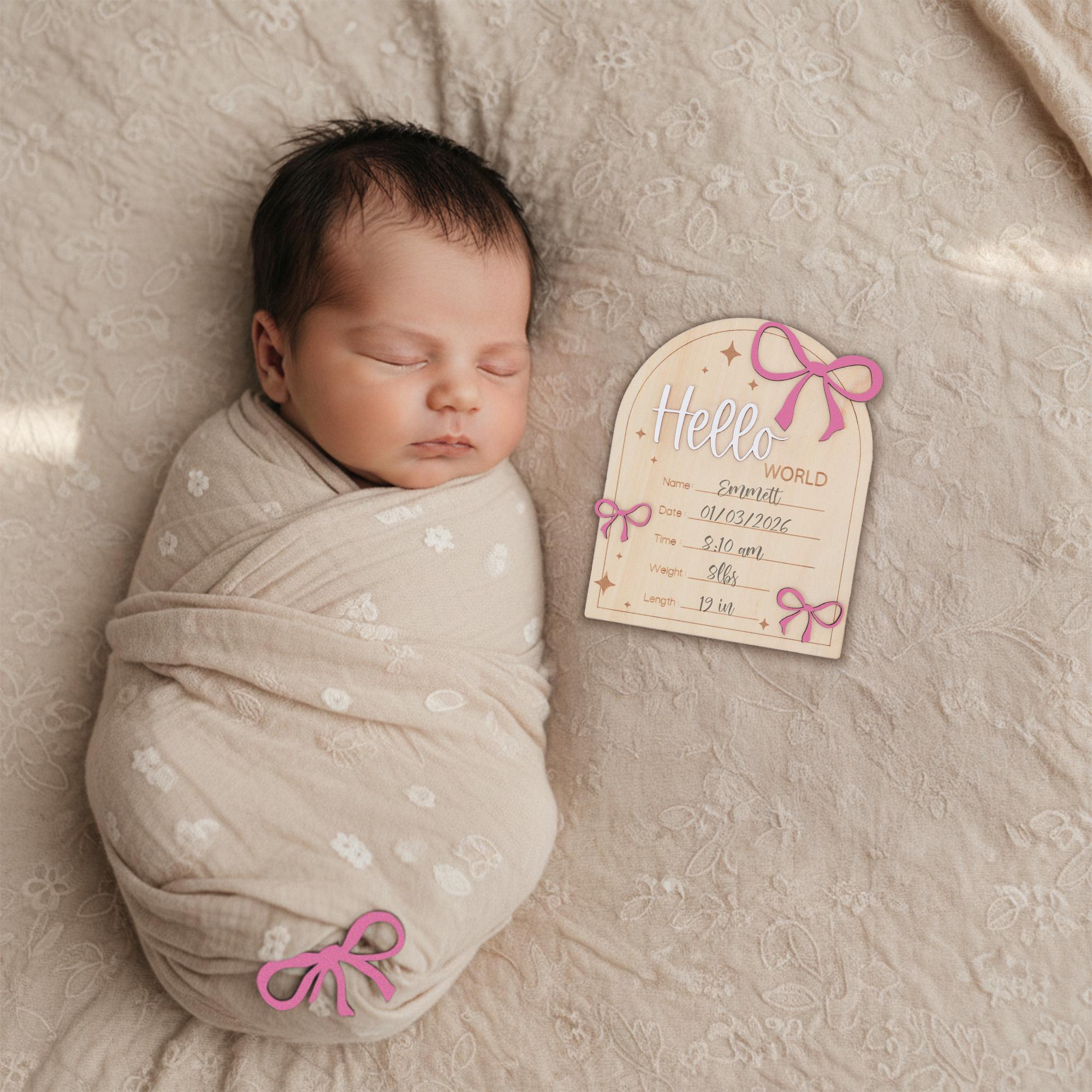 Hello World Wooden Baby Announcement Sign with Birth Details