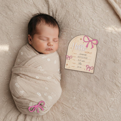 Hello World Wooden Baby Announcement Sign with Birth Details