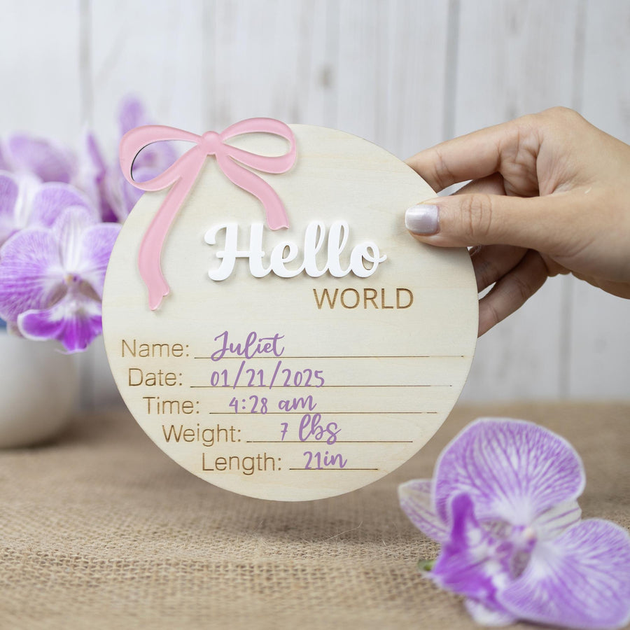 Hello World Baby Announcement Sign, Baby Girl Birth Announcement Sign, Baby Girl Name Sign, Newborn Photo Prop, Baby Shower Gift Keepsake