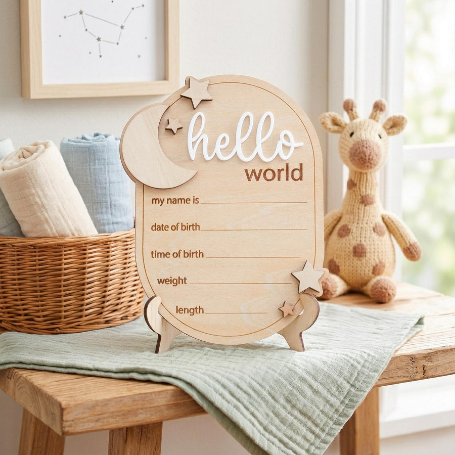 Hello World Baby Announcement Sign Hello World Sign Birth Stats Sign Custom Baby Name Sign Newborn Photo Prop Baby Shower Gift