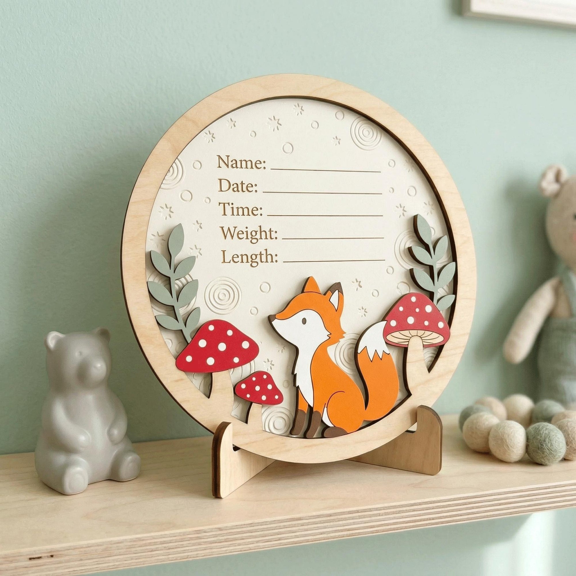 Woodland Fox Birth Stats Sign | Mushroom 3D Wooden Newborn Plaque | Custom Forest Baby Announcement | Neutral Nursery Decor